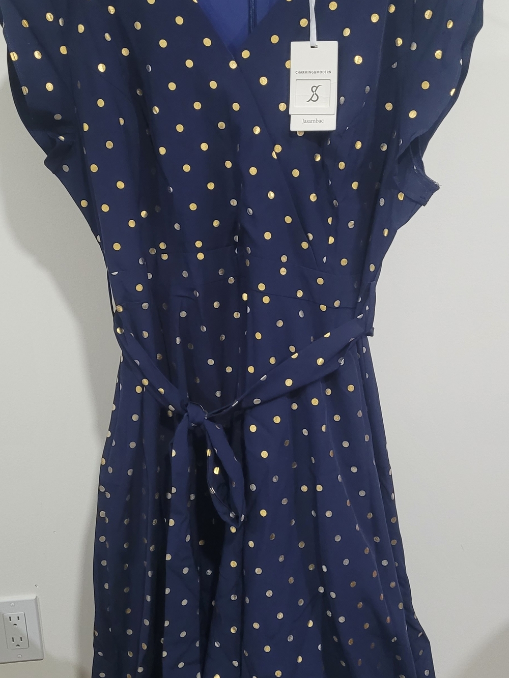 Jasambac NWT Navy Dress with Gold Polka Dots, Tie Waist 2XL